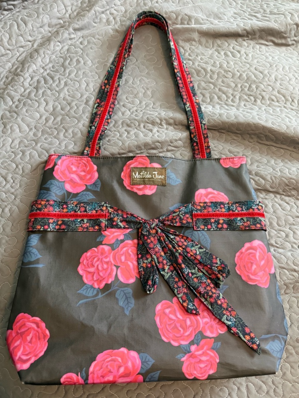 Matilda Jane Olive Tote with Bright Pink Rose Accents